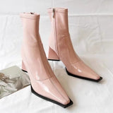 Spring Autumn New Square Head Solid Color Versatile Side Zipper High Heels Women's Outwear Fashion Boots Single Boots