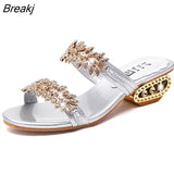 New Summer Women Shoes Fashion Low Square Heel Rhinestone Slippers Metal Decorative Non-slip Comfortable Sandals