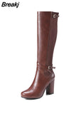 new arrivals large size 33-43 chunky high heels knee high boots woman shoes dropship black brown shoes woman
