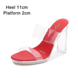 slippers women 2023 Summer New Transparent Word Female Slides Square Crystal Heel High Heels 11cm Women Catwalk