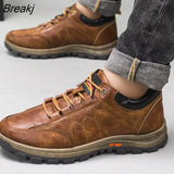 Men Leather Casual Shoes Retro Comfortable Sneakers New Outdoor Waterproof Hiking Shoes Fashion Flats Mens Vulcanize