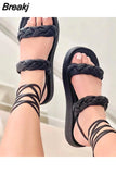 Women 2023 Fashion Woven Women's Sandals Summer Thick-soled Nude Lace-up Female Sandals Gladiator Beach Sandals