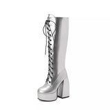 Knee High Boots Women 14.5cm Thick Heels Glossy Patent Leather Punk Lace-up Comfy Zip Platform Shoes Large Size