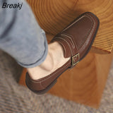 Spring Autumn Square Head Belt Buckle Loafers Women's New Retro Small Leather Comfortable Shoes All-match Single