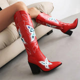 Big Size 34-43 Women Knee High Boots Cowboy Autumn Thick High Heels Pointed Toe Retro Butterfly Long Boots Shoes