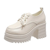 Leather Women Pumps Platform Square Heel Lace Up Oxford Women Party Role Play Uniform Dress Shoes Fashion High Heels
