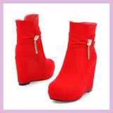 Women Boots High Heels Autumn Shoes Winter Footwear Zipper Chelsea Round Toe Stiletto Wedge Lolita Black Ladies Rubber Rock