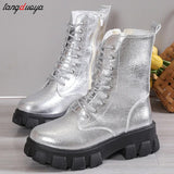 Boots Women Mid Calf new Autumn Winter Lace-up Ladies Chelsea Zipper Botas Mujer Boots Sports Platform Heel Ladies