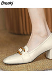 for Women 2023 Loafers Square Heels Ladies Summer Footwear Normal Leather Casual Pumps Toe Black on Heeled High Sale
