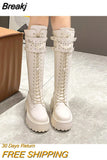 Leather Warm Plush Boots Women Pearl Knee High Boots Casual Chunky Punk Shoes Woman High Heels Platform Long