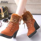 Autumn Women's Ankle Boots Female High Heels Shoes Flock Fashion Zipper Chunky Heels Short Botas for Ladies Casual