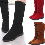 Spring Women Boots Matte Flock Boots For Female Ladies Height Increased Low Heel Shoes Lady Mid Calf High Boots Plus