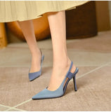 Woman Shoe High Heels Stiletto Navy Blue Pumps Pointed Wedge Roman Style 2023 Burgundy Straps Low Satin Fine Orange