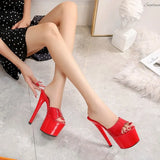 Size Female Slippers Outside PU Patent Leather Platform Super High Heels 17cm Thin Heel Solid Women's Shoes 2023 New