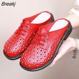 2023 New Summer Round Toe Hollow Genuine Leather Slippers Casual Sandals Low Heel Shoe Slippers Women Sandals Large