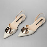 Women's Sandals Summer New Closed Toe Metal Decoration Flat Shoes Pointed Toe Slingback Women Shoes Leather Low Heel