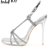 Sexy Golden Crystal Back Buckle Strap Sandals Women Summer Party Nightclub Stripper Heels Glitter Rhinestones Ladies