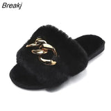 Chain Fury Slippers Women Furry Fur Slides Indoor Home Slippers Women's Winter Outdoor Metal Ring Slipper Fluff