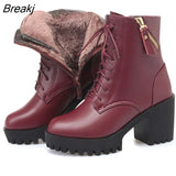 Women's Ankle 2023 New Genuine Leather Natural Wool Warm Winter Winter Chunky Heel Thick Bottom Platform Round Head Lace-up
