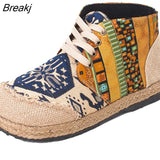 Women Linen Shoes Boho Cotton Linen Canvas Single National Woven Round Toe Lace Up Cloth Shoes Woman High Top Flats Size