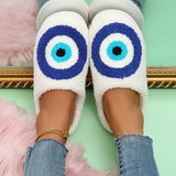 Cartoon Blue Eye Fur Slippers Women Home Warm Closed Toe Cute Cotton Slippers Woman Indoor Soft Lamb Wool Winter