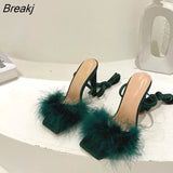 New Black Women Sandals Sexy Open Toe Furry Fur Summer High-Heeled Sandals Ladies