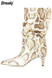 Women's Boots Snakeskin Print Pleated Mid Heel Party Shoes Pointed Toe Slip On Sexy Stiletto Women Motorcycle