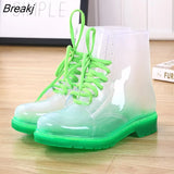 Women Rain Boots Mature Lady Lace Up Waterproof Lady Shoes Rubber Transparent Candy Colors Ankle Outdoor Girl's Fashion