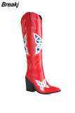 Big Size 34-43 Women Knee High Boots Cowboy Autumn Thick High Heels Pointed Toe Retro Butterfly Long Boots Shoes