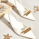 New Sandals Women Mules Pointed Toe Slingback Female Casual Outdoor Thin Heels Slides with Metal Chain Ladies