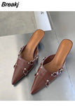 High-Heeled Shoes Lady Woman's Slippers Slides Pointed Toe Low 2023 Cover Rome Basic PU Fabric Scandals Hoof Cover Toe