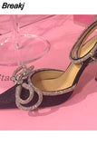 Rhinestones Women Pumps Crystal Bowknot Satin Sandals 2023 Summer Transparent Shoes High Heels Party Prom Designer