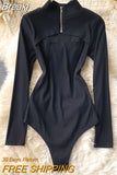 Women Knitted Bodysuits Autumn Sexy Club Outfits Zip-up Stand Collar Long Sleeve Hollow Out Slim Body Tops
