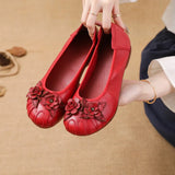 New Flat Bottom Low Heel Head Layer Cowhide Women's Shoes Ethnic Wind Flowers Leather Women's Single Shoes Middle-Aged And Elderly Mother