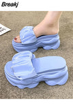 Casual Shoes Woman 2023 On A Wedge Platform Pantofle Heeled Mules Luxury New Soft High Flat Fashion PU Slides