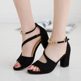 summer sexy fish mouth hollow Roman sandals thick with word with beaded high heels female summer Sexy female