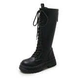 Chunky Platform Motorcycle Boots Women Thick Bottom PU Leather Knee High Boots Woman Autumn Winter Black Long Botas