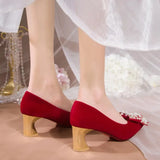 Elegant Ladies Red Silk Wedding Bride Shoes Pearl Bowknot Pointed Toe Pumps Women Sexy Party Dress High Heels Shoes