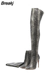 Sexy Over The Knee High Boots Women Stretch Leather Snakeskin Pointed Toe Long Booes Woman Winter Zip High Heels