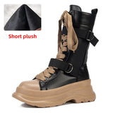 Platform Motorcycle Boots Women Autumn Winter PU Leather Mid Calf Boots Woman Punk Thick Bottom Combat Botas Mujer