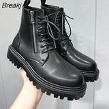 Leather Mens Ankle Boots Classic Motorcycle Boots Winter Fur Plush Warm Male Shoes Unisex Vintage Flat