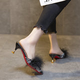 Pointed Toe High Heel Muller Slippers Woman Fashion Muller Shoes Rubber Sole Pumps Outdoor Stiletto PU Leather Party