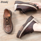 Genuine Leather Retro Women Sneakers Casual Lace Up Flat Ladies Shoes Fashion Breathable Comfort Women's Flat