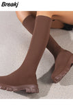 New Winter Stretch Sock Boots Over The Knee Boots Women's Thick Bottom Slim High Heel Large Size Round Toe Botas De
