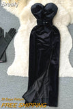 Sexy Black Strapless Velvet Dress Women Retro Style Sleeveless Backless Slim High Split Evening Party Dress with