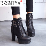 Women Autumn Ankle Boots Sexy Office High Heels Platform Boots Round Toe Leather Booties Black Pumps Ladies Party Shoes New