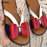 Women Shoes 2023 Summer Women Fashion Flat Color Blocking Bowknot Large Size Sandals Slippers PU Beach Outdoor