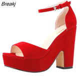 Summer Ankle Strap Sandal 12cm Women Pumps Sexy Peep Toe Square High Heels Woman Shoes Flock Platform Wedding