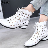 2023 Summer Ankle Boots Genuine Leather Shoes Women Med High Heel Back Zipper Boots Cutout breathable Mujer