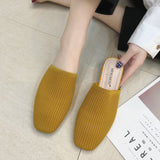Women Mules Slippers Female Summer Flats Sandals Knit Fabric Stretch Slides Holiday Beach Shoes Square Heel Square Toe
